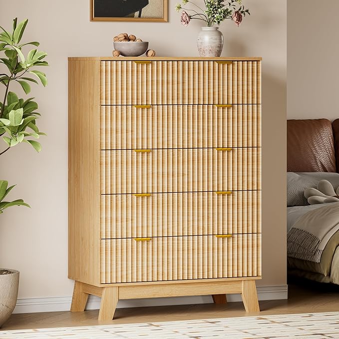 46" Tall Dresser for Bedroom, 6-Drawer Fluted Chest of Drawers, Modern Wood Highboy with Deep Storage, Metal Slides and Handles, Anti-Tip Kit, Vertical Clothes Organizer for Apartment, Nursery