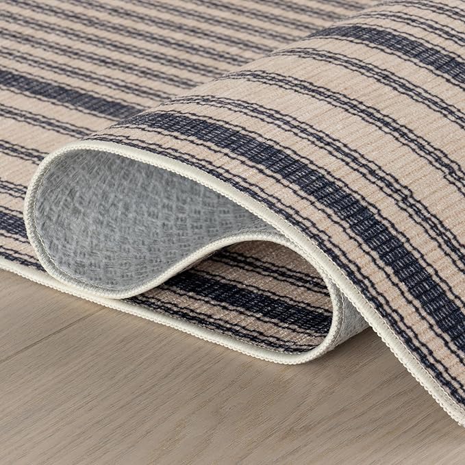 Dash & Albert Axiom Navy Machine Washable Rug, 6 X 9 Feet, Blue/Ivory Stripe Pattern