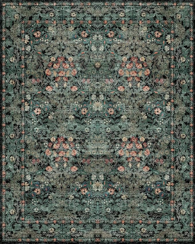 Dark Green Boho 5x7 Area Rugs for Bedroom Aesthetic, Washable Floral Rug for Living Room, Nursery - Low Pile Non Slip French Country Carpet for Dining Room Under Table - Botanical Mat for Indoor