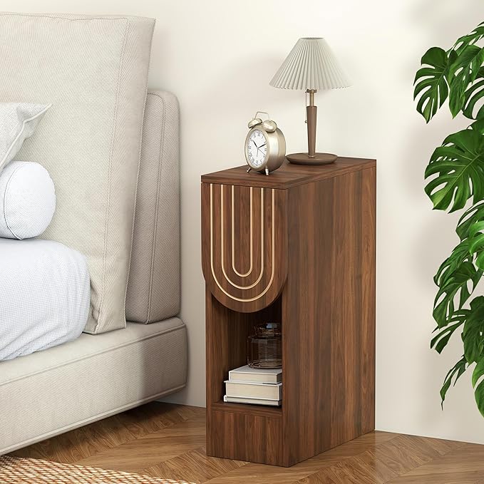 Narrow Nightstands Set of 2, Mid-Century Modern Bedside Table with Carved Drawer and Storage Shelf, Farmhouse Slim Side End Table for Bedroom, Small Space (2, Walnut)