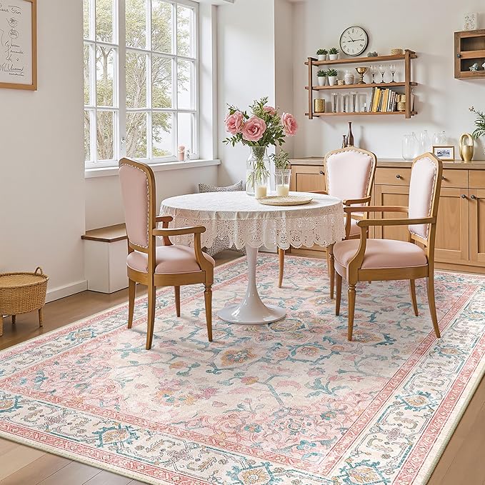 Machine Washable Rugs Nursery Rug 8x10 Cute Girl Non Slip Low Pile Water Repellent Soft Print Pattern for Bedroom Indoor Decor Kids Playroom Pinkteal
