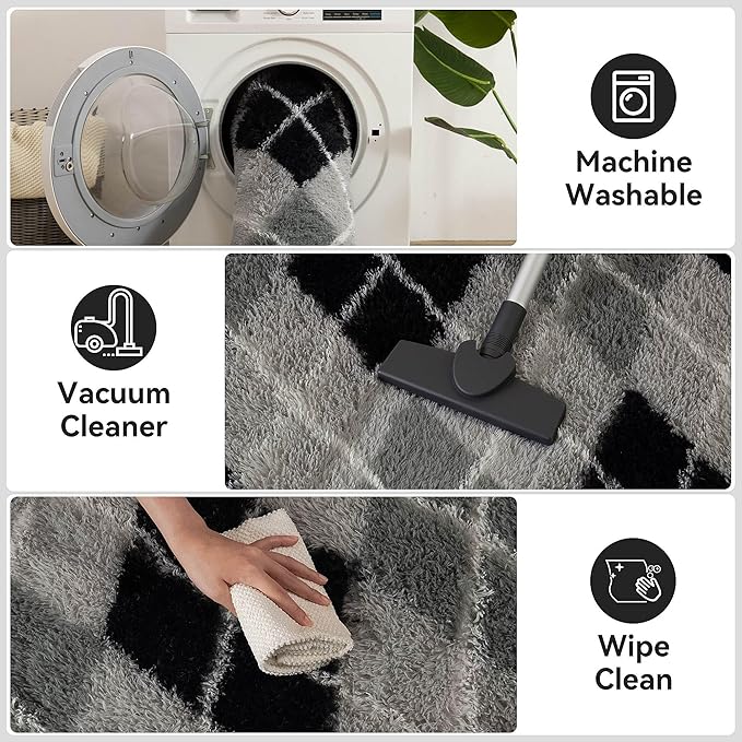 Meralax Black and Grey Checkered Area Rug, Geometric 5x8 Soft Fluffy Rugs for Living Room Bedroom, Machine Washable Shaggy Rugs Indoor Floor Carpet for Kids, Girls, Dorms, Home Decor Aesthetic