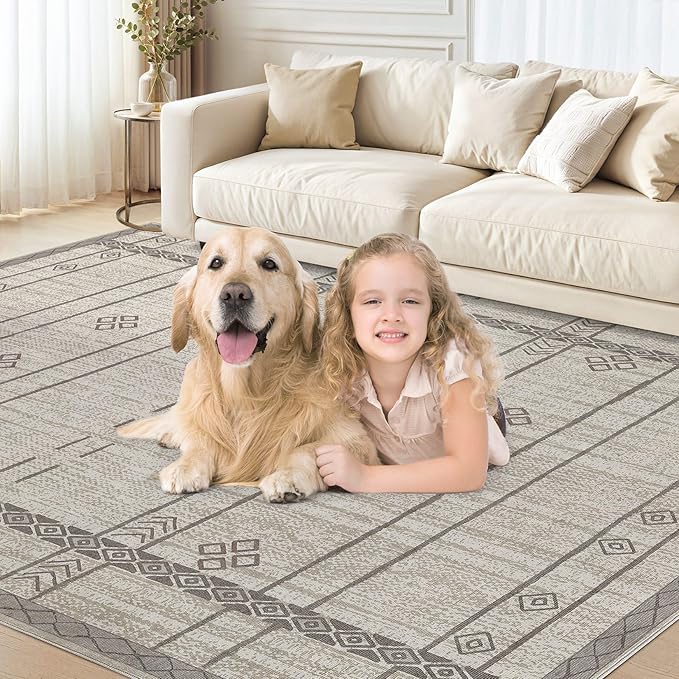 Area Rugs for Living Room Washable Living Room Rug Soft Neutral Indoor Floor Carpet Non-Slip Stain Resistant Modern Boho Rugs for Bedroom Dining Room Kids Room Nursery Office Home Grey Brown