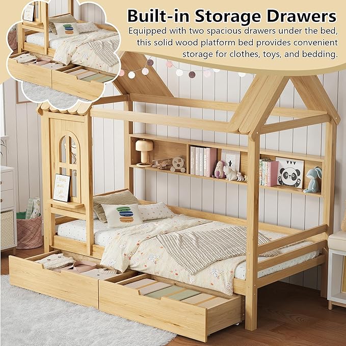 Twin House Bed with Drawers and Window, Solid Wood House Platform Bed with Shelves, Twin Bed Frame with House-shaped Roof for Kids, Boys, Girls, No Box Spring Needed and Childlike Design, Natural