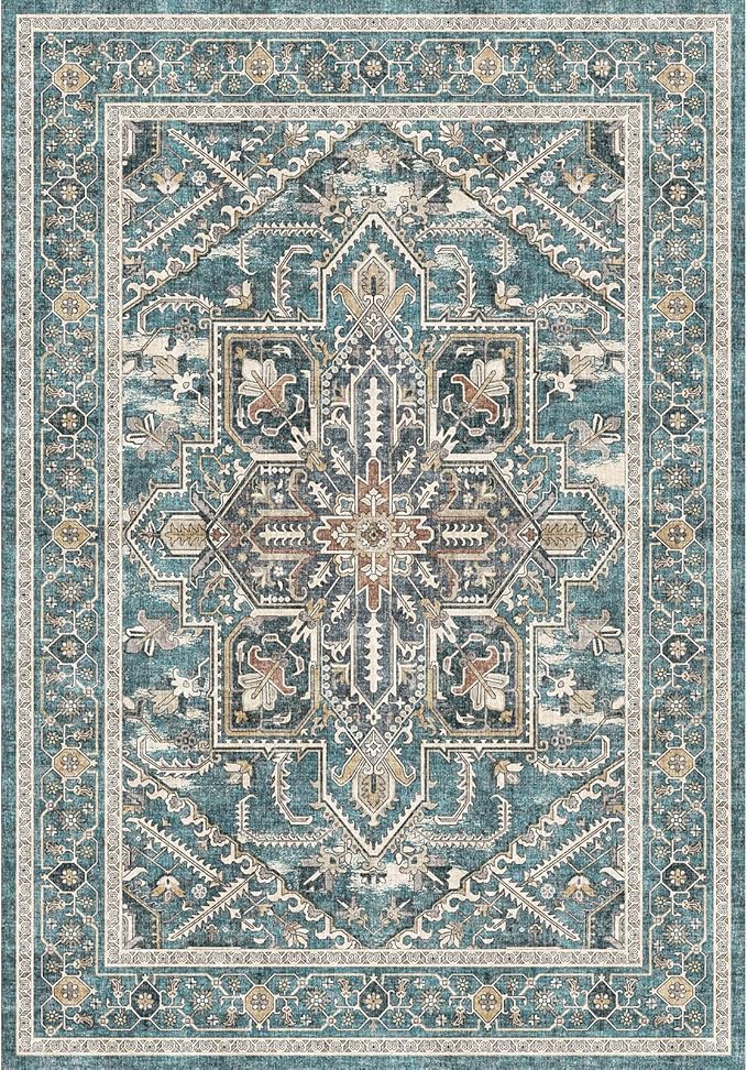 WITSHOCK Living Room Area Rugs 5x7: Washable Rug Boho Soft Non-Slip Low Pile Stain Resistant Foldable Carpet for Bedroom Playroom Dining Room Office Kitchen Farmhouse Home Decor Rug-Dull Teal
