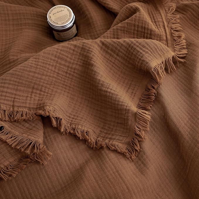 FOSSA Muslin Blanket with Fringe - 4-Layer 100% Cotton Gauze Super Soft & Breathable Throw -Lightweight Decorative Cooling Blanket for Bed, Sofa, Office -Oversize Queen Size 98" × 98" (Dark Orange)