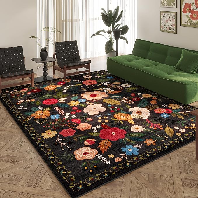 Rugcomf Area Rugs 9x12 Living Room Clearance Washable Boho Rug Non Slip Floral Vintage Low Pile Large Rug for Living Room, Bedroom, Farmhouse, Dining Room, Kids Playroom(Black)