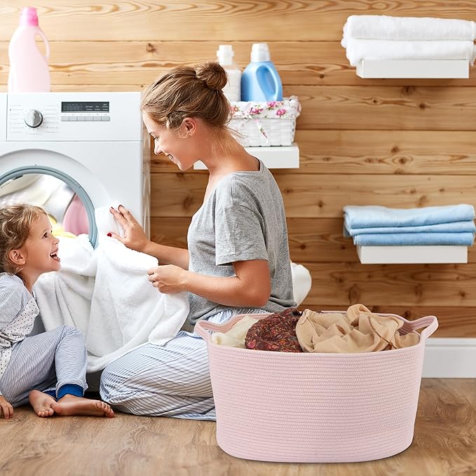Large Rectangle Blankets Baskets 22"x17"x12" Toy Basket for Kids Woven Cotton Rope Storage Basket for Nursery - Wicker Laundry Baskets for Clothes Towels - Ideal for Living Room Storage pink