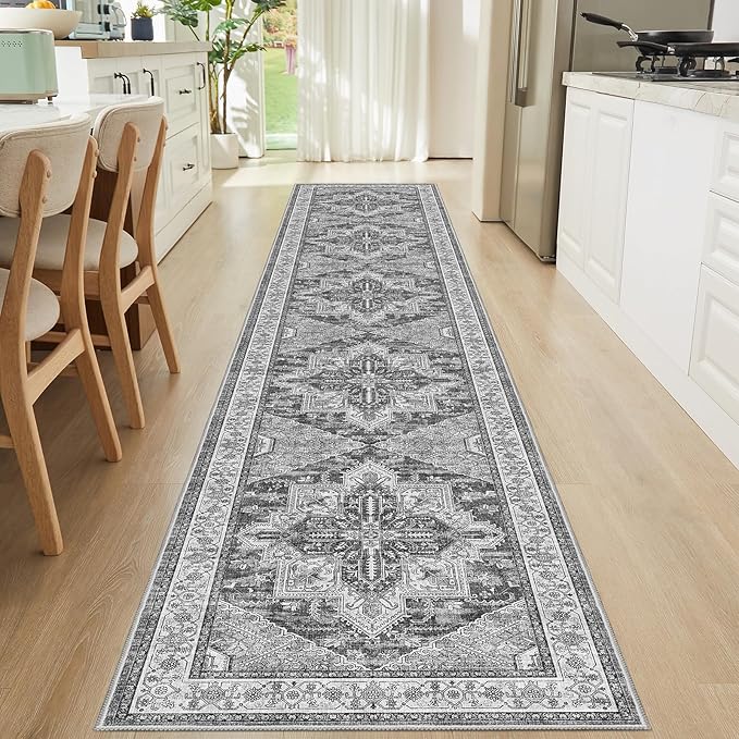 WITSHOCK 3x16 Extra Long Runner Rug for Hallway: Washable Boho Low Pile Stain Resistant Foldable Floor Carpet for Bedroom Entryway Bathroom Kitchen, Neutral Distressed Farmhouse Rug, Grey, 36″x192″