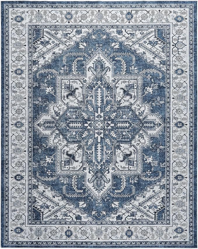 WITSHOCK Living Room Area Rugs 8x10: Washable Rug Boho Soft Non-Slip Low Pile Stain Resistant Foldable Carpet for Bedroom Playroom Dining Room Office Kitchen Farmhouse Home Decor Rug-Blue