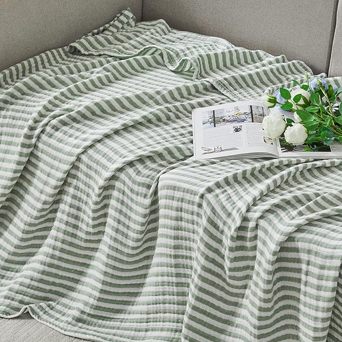 EMME Cotton Muslin Twin XL Blanket Breathable Gauze Soft Lightweight Adults Gifts for Women (Striped Sage Green, 66"x90")