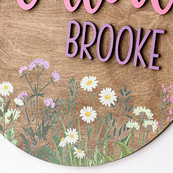Personalized Wooden Name Sign, Custom Wildflower Nursery Sign, Round Name Sign, Baby Shower Decor, Wildflower Decor, Boho Floral Pattern, Wooden name signs for nursery gift