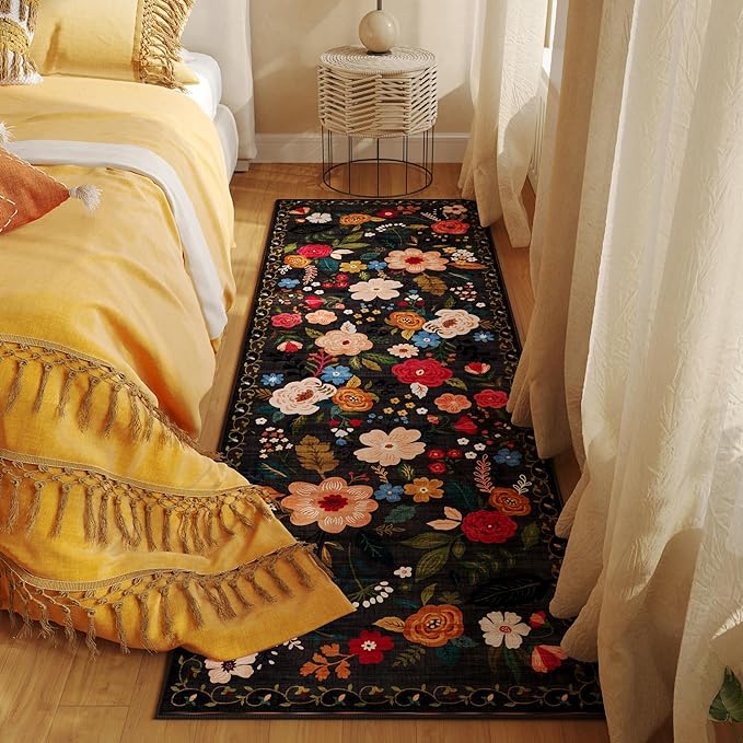 Rugcomf Runner Rug for Hallways Kitchen Rug Non Slip 2'x 6' Washable Runner Rugs with Rubber Backing Soft Floral Carpet Runner for Hallways, Kitchen, Laundry, Bedroom, Bathroom(Black)