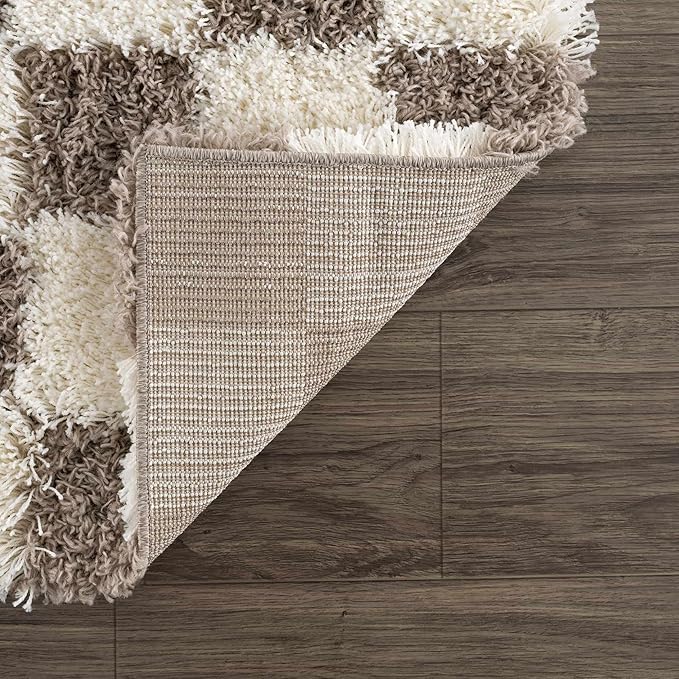 BoutiqueRugs Atira Modern Checkered Shag Area Rug - High Pile Fluffy Shaggy Carpet for Kids Room, Nursery, Living Room - Brown, Cream, White, Taupe - 7'10" X 10'3" (8x10)