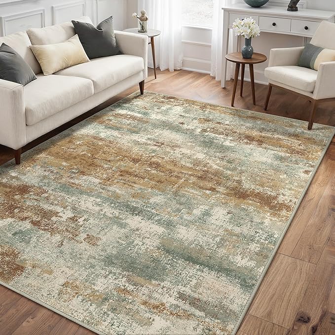 GENIMO Abstract Area Rug 5x7, Washable Modern Rug Non Slip, Low Pile Lightweight Soft Large Carpet for Living Room, Bedroom, Dining Room, Orange Green