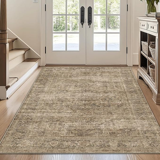 FMFUNCTEX 3x5 Washable Area Rug Brown Vintage Neutral Distressed Non Slip Low Pile Traditional Retro Indoor Carpet for Entryway Entrance Soft Rug Living Room Bedroom Kitchen Dining Office Laundry