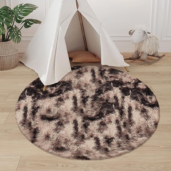 4 ft Round Fluffy Brown Rug for Bedroom,Tie Dyed Furry Round Carpet Non Slip Fuzzy Shaggy Plush Circle Area Rug Rug for Living Room Teen Room Nursery Room Playroom Kids Room Home Decor Washable