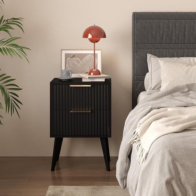 Night Stand,Modern Bedside Table,Black Nightstand with 2 Storage Drawers,Fluted Side Table with Solid Wood Legs,Mid Century End Table for Living Room,Bedroom,Small Space,Black CTG55BK