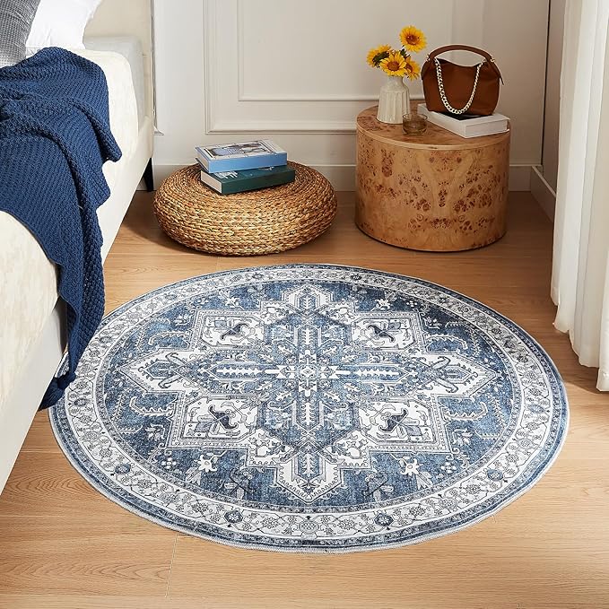 WITSHOCK Area Rug Round Rugs, 4Ft Oriental Circle Area Rugs for Living Room Machine Washable Non Slip Stain Backing Rug Soft Foldable, Vintage Rugs Home Office Kitchen Hallway Bedroom, Blue