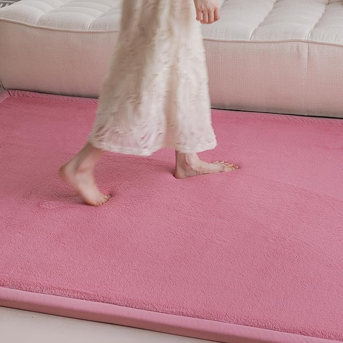 Loartee Faux Rabbit Fur Rug - 1.18" Thick Soft Fluffy Area Rug, Non-Slip Memory Foam Crawling Mat, Light Pink, 71"x78"