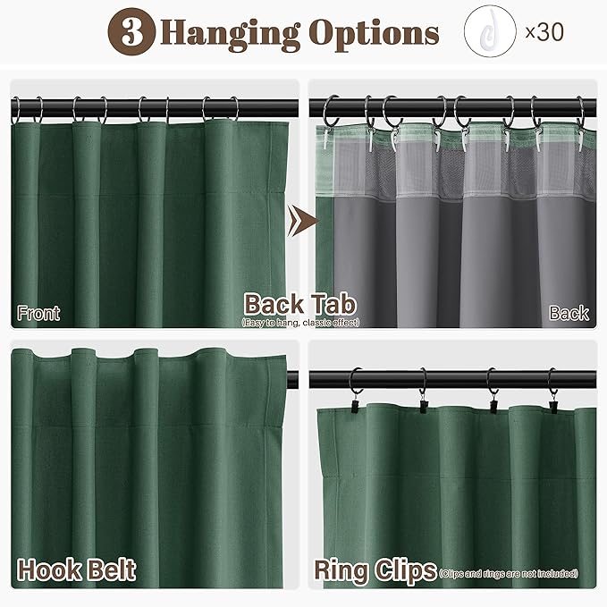 Green Linen 100% Blackout Curtains for Living Room 108 Inches Long Modern Textured Back Tab Hook Belt Light Blocking Thermal Insulated Soundproof Dining Room Sliding Door 2 Panels Set 52x108 9Ft
