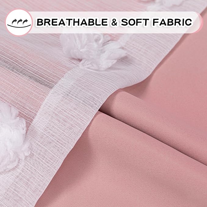 MYSKY HOME Pink Curtains for Girls Bedroom Nursery Curtain Double Layer White Pom Pom Sheer Window Panels for Kids Room Back Tab Room Darkening Window Drapes 72 Inches Length, W52 X L72, 2 Pieces