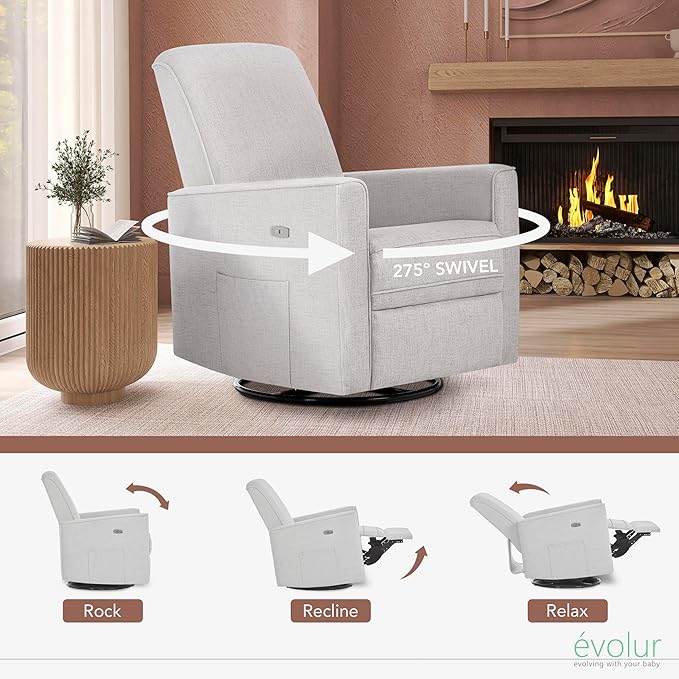 Evolur Harlow Upholstered Power Glider Recliner with USB Charging – Rocking & 275° Swivel with Smooth Glide – Greenguard Gold & FSC Certified – Modern Nursery and Living Room Chair in Fog