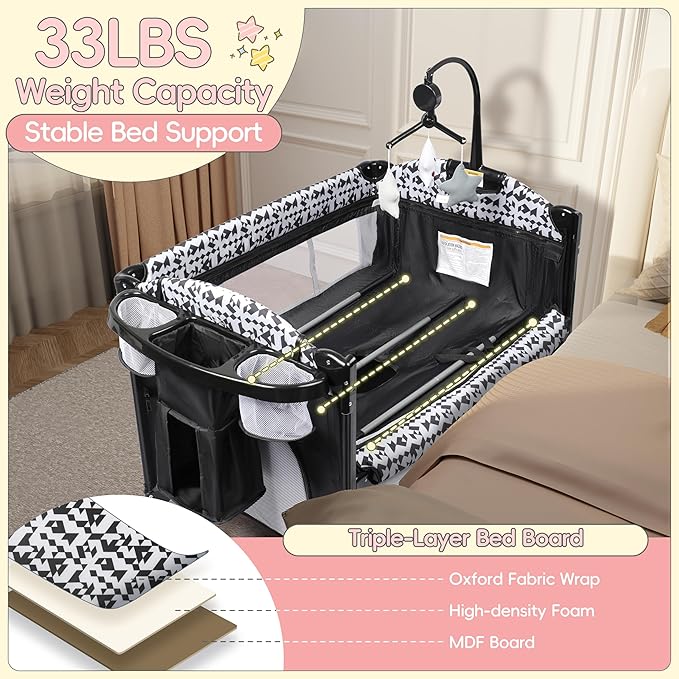 Xilingol 5-in-1 Baby Bassinet Bedside Sleeper, Portable Toddler Crib with Diaper Changing Station, Carry Bag, Cosleeper Bassinet Attach to Bed for Newborn to Toddlers