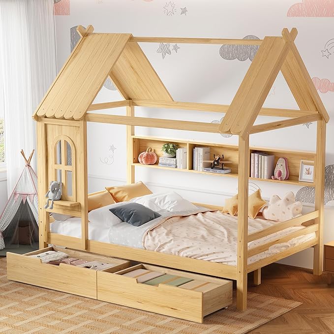 MERITLINE Full Size House Bed with Storage Drawers & Window, Solid Wood Platform Bed Frame with Shelves, No Spring Box Needed, Childlike Design for Kids, Girls, Boys, Natural