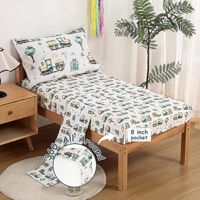 Mooreeke 4 Pieces Toddler Bedding Set - Brown Country Train Town Toddler Comforter Sets for Boys, Includes Comforter, Flat Sheet, Fitted Sheet and Pillowcase, Bed in A Bag for Baby Bedroom
