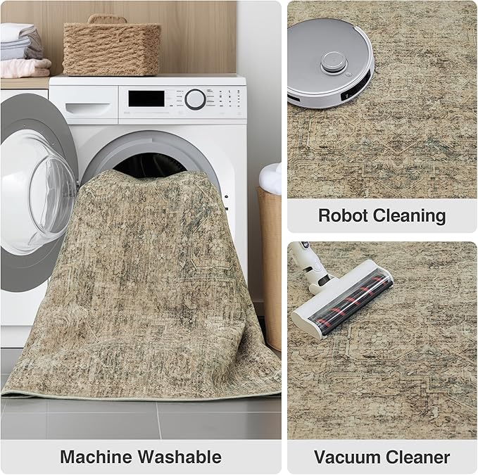 FMFUNCTEX 6x9 Washable Area Rug Brown Vintage Neutral Distressed Oriental Large Non Slip Carpet for Living Room Bedroom Soft Low Pile Indoor Mat Retro Throw Rug for Dining Room Kitchen Office Nursery