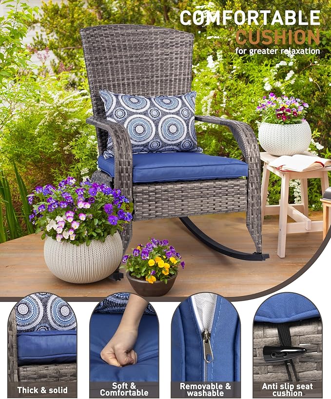 Outdoor Rocking Chair Set of 2, Rattan Patio Rocker Chairs with Cushions and Steel Frame, All-Weather Outdoor Rocker Chair with 2 Cushion Covers, Wicker Rocking Chairs Set of 2
