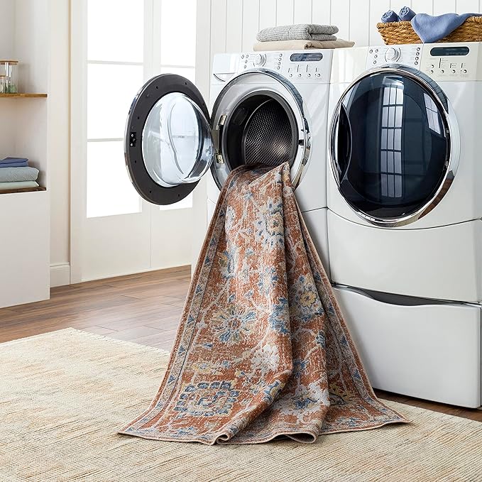 Mark&Day Washable Rugs, 3x7 Erlanger Traditional Burnt Orange Runner Area Rug, Blue Beige Carpet for Hallway, Kitchen, Bedroom or Living Room (2'7" x 7'3" Runner, Machine Washable)