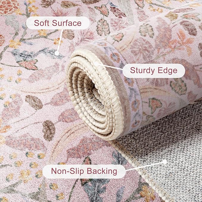 AMTOVO 8x10 Washable Area Rugs for Living Room, Non-Slip&Non-Shedding Floral Large Soft Boho Vintage Accent Print Carpet for Bedroom Girls Room Dorm Dining Room Farmhouse Nursery Home Office, Pink