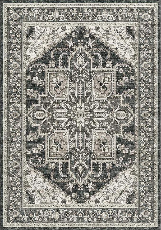 WITSHOCK Living Room Area Rugs 3x5: Washable Rug Boho Soft Non-Slip Low Pile Stain Resistant Foldable Carpet for Bedroom Playroom Dining Room Office Kitchen Farmhouse Home Decor Rug-Bitter Black