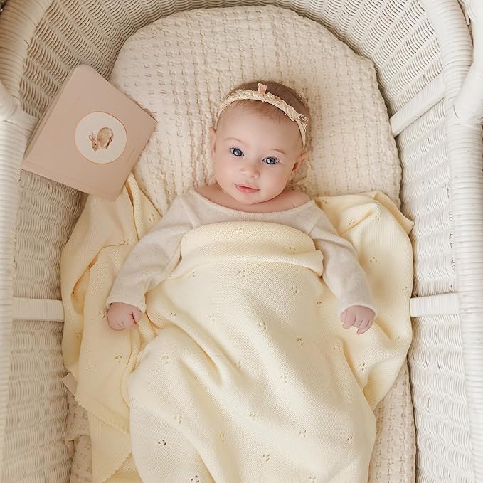 Organic Unisex Pointelle Receiving Swaddle Blanket for Boys & Girls - 100% Luxury Organic Soft Cotton Knit Warm Cuddle Stroller Blanket for Newborns, Infants, & Toddlers (Butter Cream)