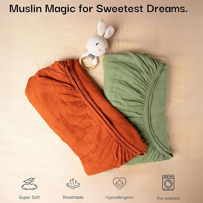 Salt Earth 100% Organic Cotton Muslin Standard Fitted Crib Sheet, 52"x28", 2 Pack Soft Breathable Natural Cotton Sheets Baby Mattress Bed Sheets, No Slip Baby Christmas Crib Sheets (Green & Rust)