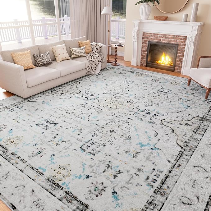 AMTOVO 8x10 Area Rugs for Living Room, Large Non-Slip Washable Rug, Boho Vintage Retro Medallion Print Pattern Carpet for Bedroom Dining Room Home Office Nursery Dorm Farmhouse, Light Grey