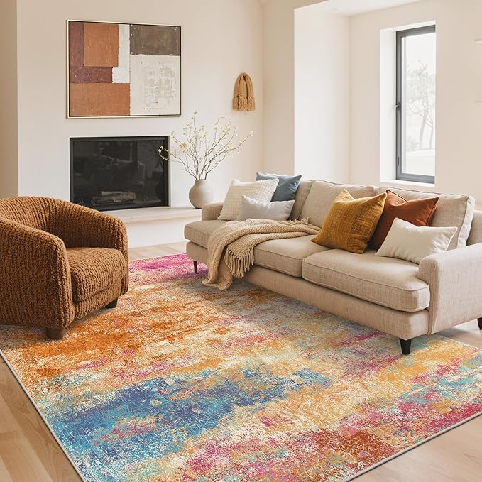Area Rugs 8x10 Washable Pink Rug for Living Room Nursery, Modern Abstract Large Rug Non Slip, Water Repellent Low Pile Soft Carpet for Bedroom, Dining Room, Home Office, Colorful Pink