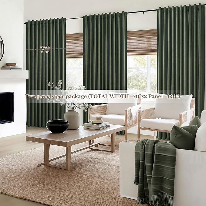 Dark Olive Green Curtains 70 Inch Length Extra Wide Pleated Black Out 96 Inch Long for Living Room, Linen Thick Sliding Glass Door Heavy Duty Insulated Large Window Drapes (70"Wx96"Lx 2Panels Loden)