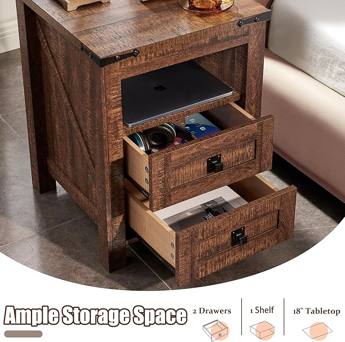 T4TREAM Nightstand with Charging Station, End Table, Side Table with 2 Drawers Storage Cabinet for Bedroom, Living Room, Farmhouse Design, Wood Rustic, Reclaimed Barnwood