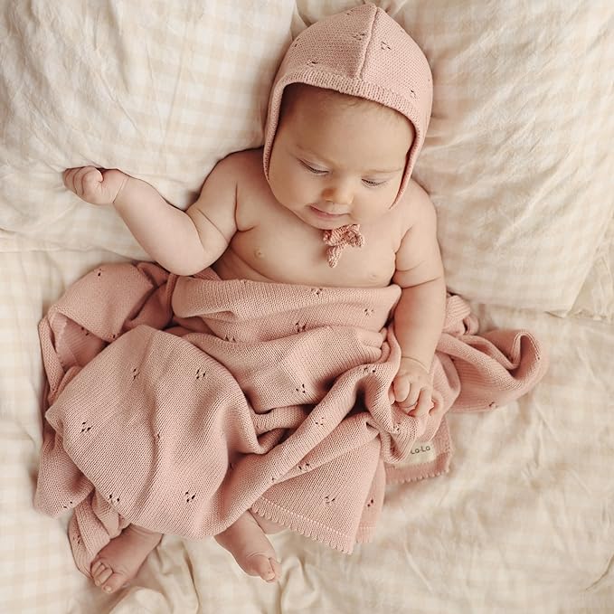 Organic Pointelle Receiving Swaddle Blanket for Girls - 100% Luxury Organic Soft Cotton Knit Warm Cozy Cuddle Stroller Blanket for Newborns, Infants, & Toddlers (Ballet Slippers)