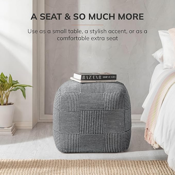 Anji Mountain 100% Handmade & Handcrafted Comfortable Home Décor Pouf Ottoman Footrest for Living Room, Bedroom, Nursery, Kidsroom, Patio Furniture - (20" x 20" x 20" - Gray Maze)