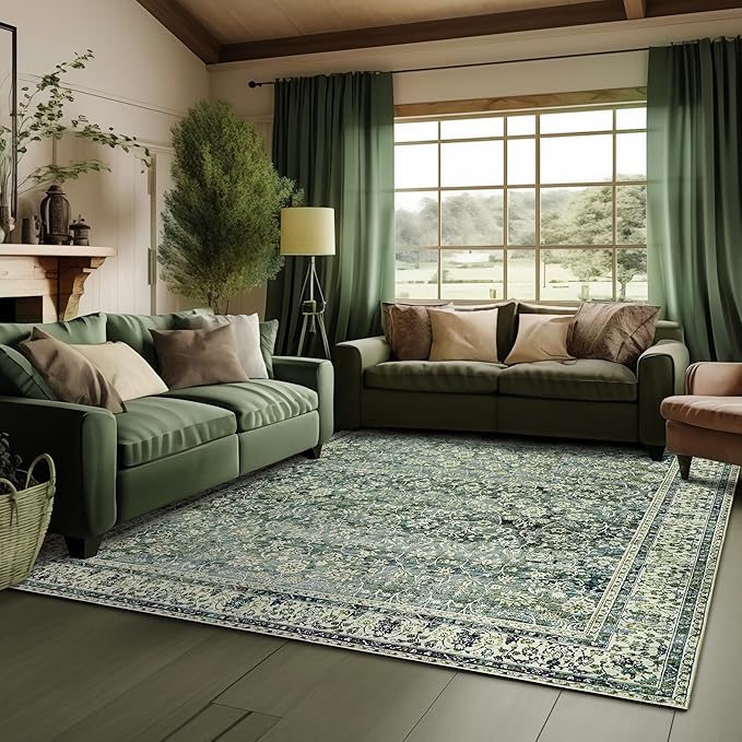 Dark Emerald Green Area Rugs 8x10 for Living Room,Washable Faux Wool Moody Floral Boho Vintage Oriental Indoor Large Carpet for Bedroom Under Bed Dining Room Under Table
