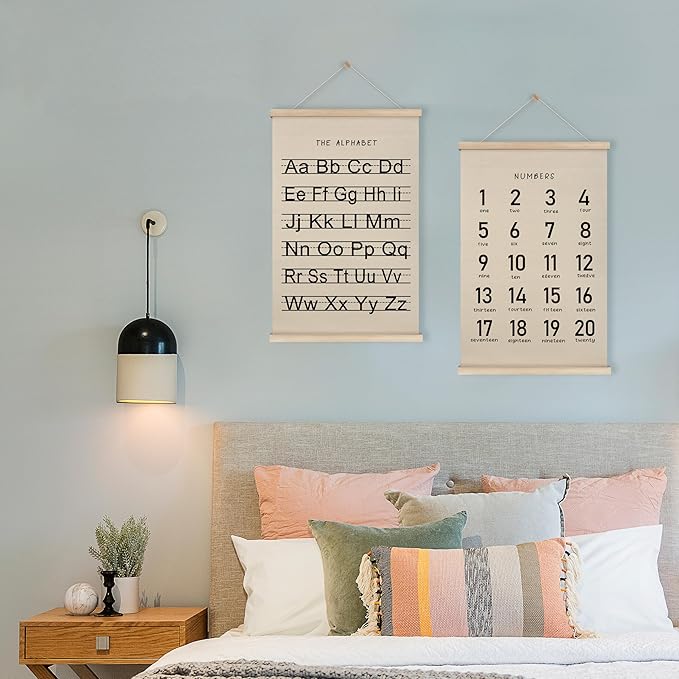 HRQKO Alphabet Numbers Poster Hanger Frame Set of 2, Nursery Wall Decor, Black ABC Poster Wall Art with Wooden Frames, Alphabet Banner Wall Hanging Decor for Boy Toddler Room Playroom, 16x24 inch