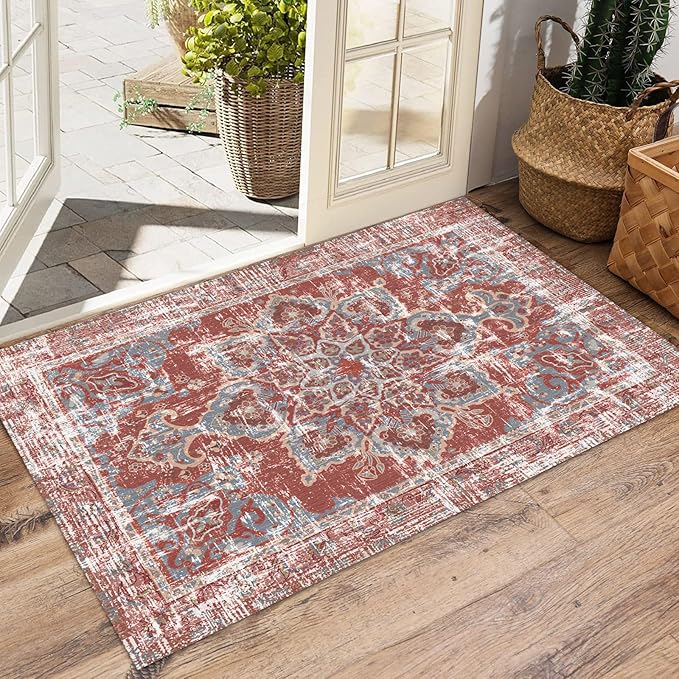 Vhong Vintage Area Rugs Boho Washable Neutral Modern Brick Red Burgundy 2x3 Non Slip Small Carpet for Hallway Bathroom Entryway