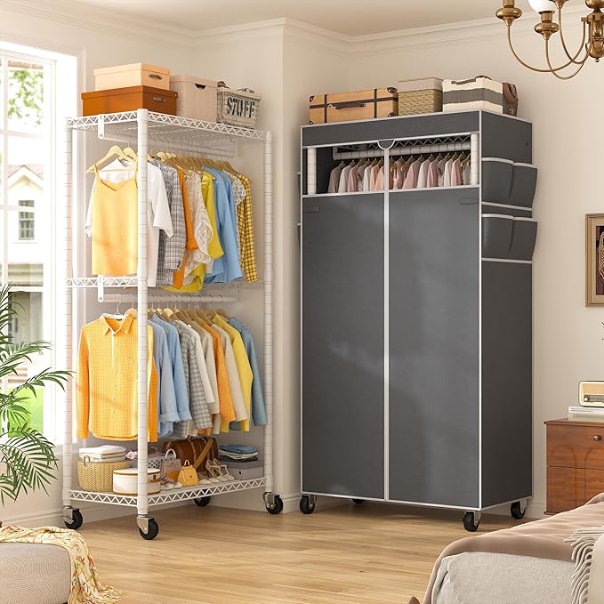 Raybee Rolling Clothes Rack with Cover Clothing Racks for Hanging Clothes Heavy Duty Portable Closet with Wheels Garment Rack 35.5" W*15.7" D*79 "H White