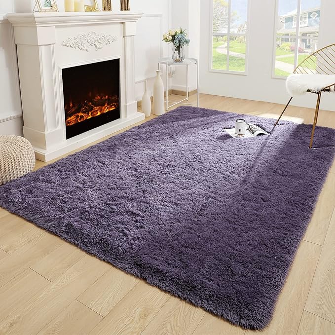 Merelax Soft Modern Indoor Large Shaggy Rug for Bedroom Livingroom Dorm Kids Room Home Decorative, Non-Slip Plush Fluffy Furry Fur Area Rugs Comfy Nursery Accent Floor Carpet 5x8 Feet, Grey-Purple