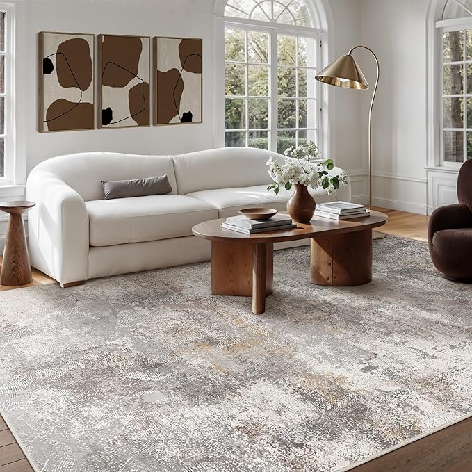 GENIMO Washable 5x7 Area Rugs for Living Room, Non Slip Modern Abstract Rug, Machine Washable Stain Resistant Low Pile Soft Carpet for Bedroom, Dining, Office, Light Grey Brown