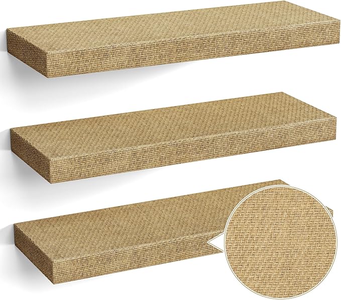 Alsonerbay Rattan Floating Shelves for Wall Set of 3, 15.7 Inch Wood Shelves Wall Mounted with Invisible Bracket for Bedroom Living Room Nursery and More